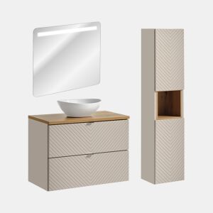 Conjunto móvel simples lavatório 80cm 2 gavetas espelho LED e coluna Manoa Caxemira e madeira