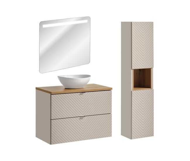 Conjunto de muebles con lavabo individual 80cm espejo led y columna manoa cachemira y madera