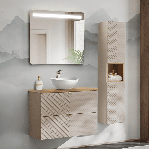 Conjunto móvel simples lavatório 80cm 2 gavetas espelho LED e coluna Manoa Caxemira e madeira