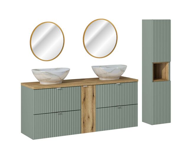 Conjunto de muebles con lavabo doble 140cm 4 cajones espejos led y columna jade verde y madera