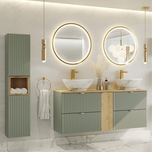 Móvel lavatório duplo 140 cm 4 gavetas espelhos LED e coluna Verde Jade e Madeira Móvel lavatório duplo 140 cm 4 gavetas espelhos LED e coluna Verde Jade e Madeira