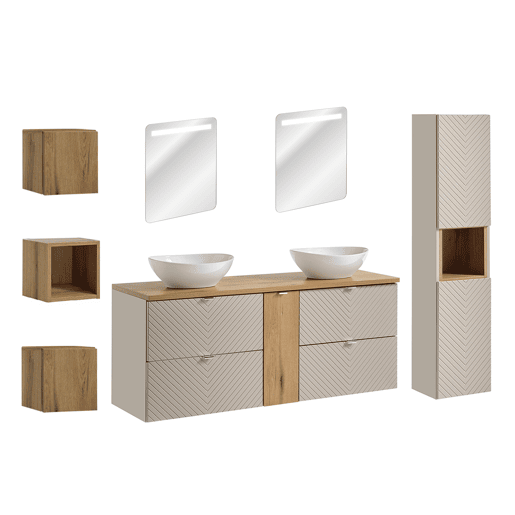 Conjunto móvel duplo lavatório 140cm 4 gavetas espelhos LED coluna e 3 armários murais Manoa Caxemira e madeira