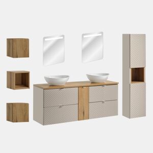 Conjunto móvel duplo lavatório 140cm 4 gavetas espelhos LED coluna e 3 armários murais Manoa Caxemira e madeira