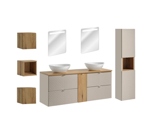 Conjunto de muebles con doble lavabo 140cm espejos led columna y 3 armarios de pared manoa cachemira y madera