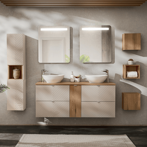 Conjunto móvel duplo lavatório 140cm 4 gavetas espelhos LED coluna e 3 armários murais Manoa Caxemira e madeira