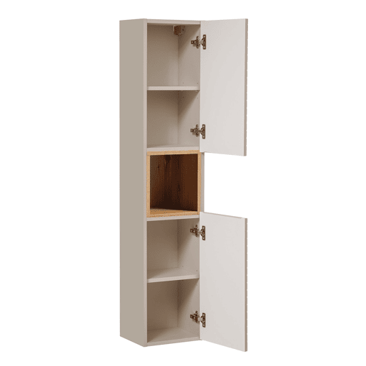 Conjunto móvel duplo lavatório 140cm 4 gavetas espelhos LED coluna e 3 armários murais Manoa Caxemira e madeira