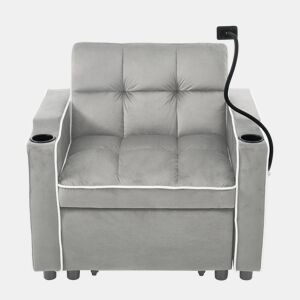 Poltrona retrátil de veludo - com suporte para copos + suporte para telemóvel - Cinzento claro