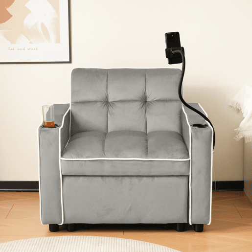 Poltrona retrátil de veludo - com suporte para copos + suporte para telemóvel - Cinzento claro