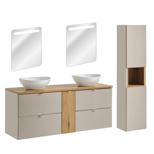Conjunto móvel duplo lavatório 140cm 4 gavetas 1 porta espelhos LED e coluna Manoa Caxemira e madeira