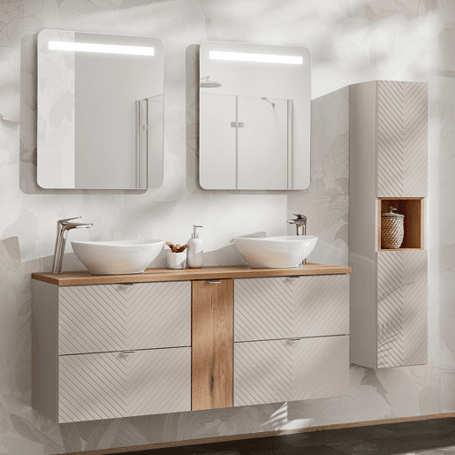 Conjunto móvel duplo lavatório 140cm 4 gavetas 1 porta espelhos LED e coluna Manoa Caxemira e madeira