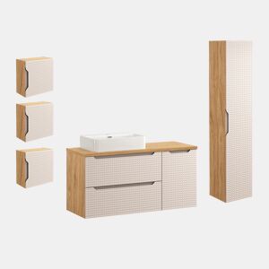 Conjunto móvel lavatório individual 120cm coluna e 3 armários murais Mallory Bege e madeira
