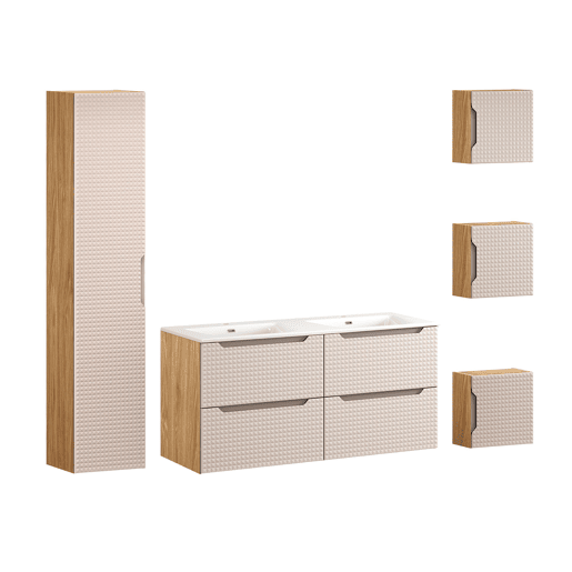 Conjunto móvel lavatório duplo embutido 120 cm coluna e 3 armários murais Mallory Bege e madeira