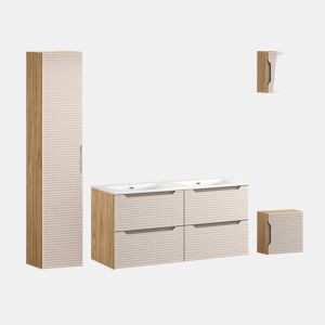 Conjunto móvel lavatório duplo embutido 120 cm coluna e 3 armários murais Mallory Bege e madeira