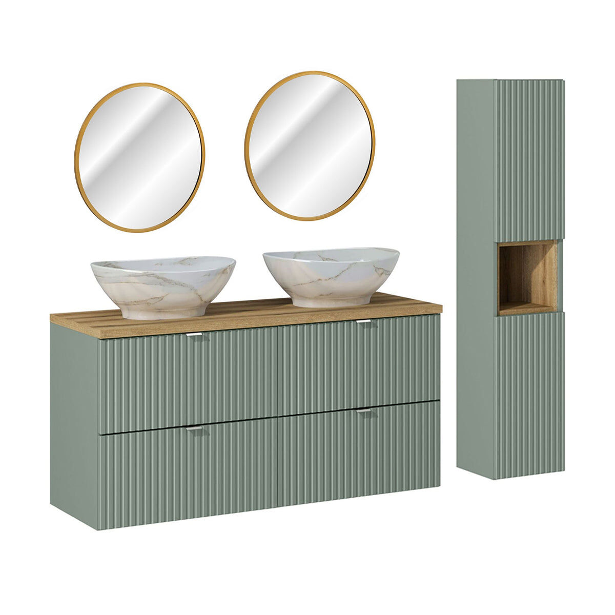 conjunto de muebles con lavabo doble 120cm 4 cajones espejos led y columna jade verde y madera