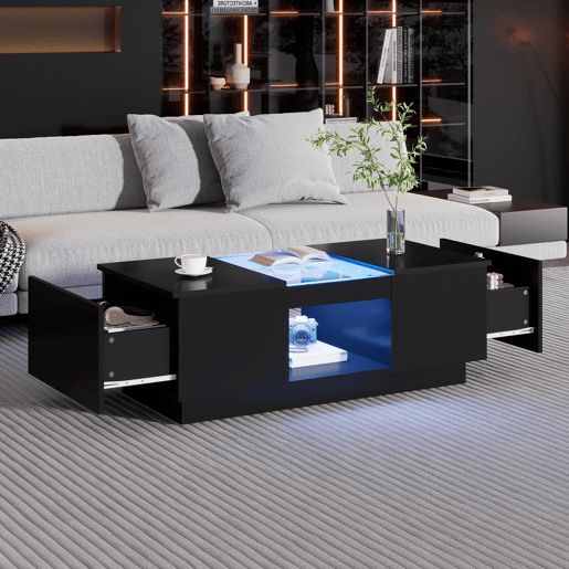 Mesa de centro com LED - 2 gavetas e 1 compartimento aberto - Preto Mesa de centro com LED - 2 gavetas e 1 compartimento aberto - Preto