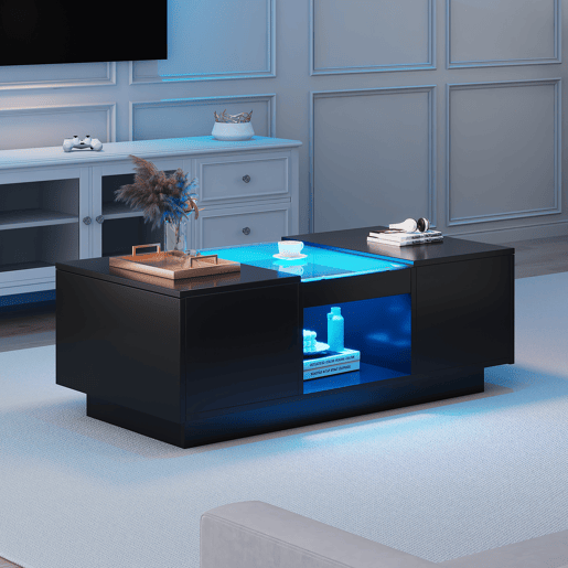 Mesa de centro com LED - 2 gavetas e 1 compartimento aberto - Preto Mesa de centro com LED - 2 gavetas e 1 compartimento aberto - Preto