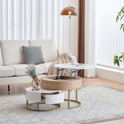 Conjunto de 2 mesas de encaixe - com 2 gavetas - em MDF - Natural e Branco - Conjunto de 2 mesas de encaixe - com 2 gavetas - em MDF - Natural e Branco