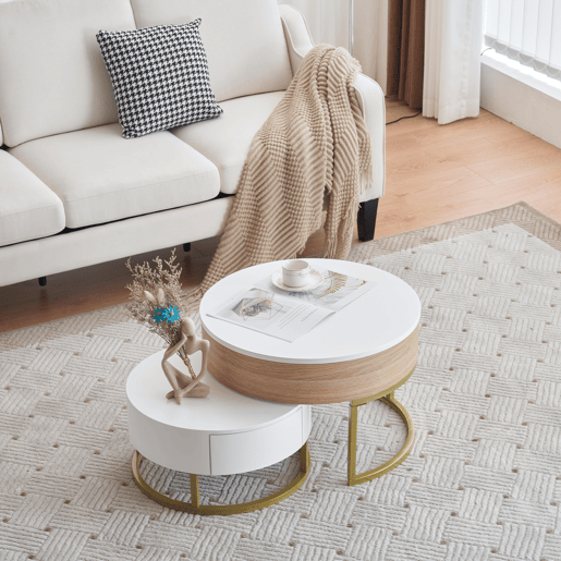 Conjunto de 2 mesas de encaixe - com 2 gavetas - em MDF - Natural e Branco - Conjunto de 2 mesas de encaixe - com 2 gavetas - em MDF - Natural e Branco