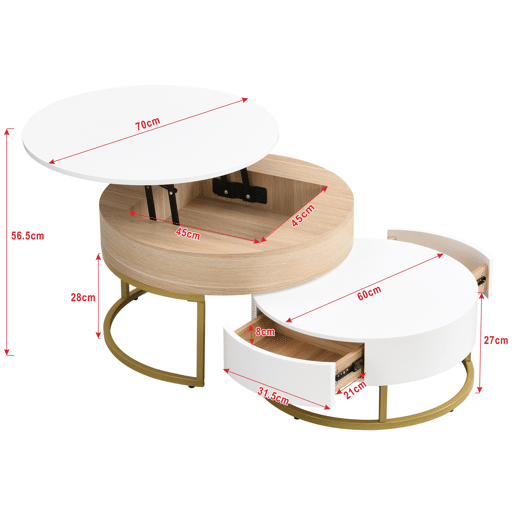 Conjunto de 2 mesas de encaixe - com 2 gavetas - em MDF - Natural e Branco - Conjunto de 2 mesas de encaixe - com 2 gavetas - em MDF - Natural e Branco