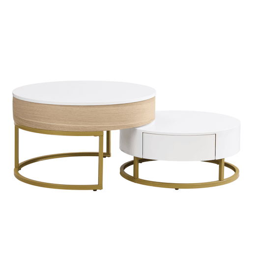 Conjunto de 2 mesas de encaixe - com 2 gavetas - em MDF - Natural e Branco - Conjunto de 2 mesas de encaixe - com 2 gavetas - em MDF - Natural e Branco