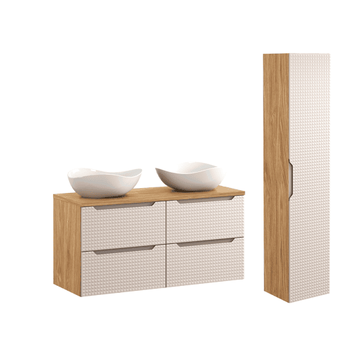 Conjunto móvel lavatório duplo 120 cm e coluna Mallory Bege e madeira