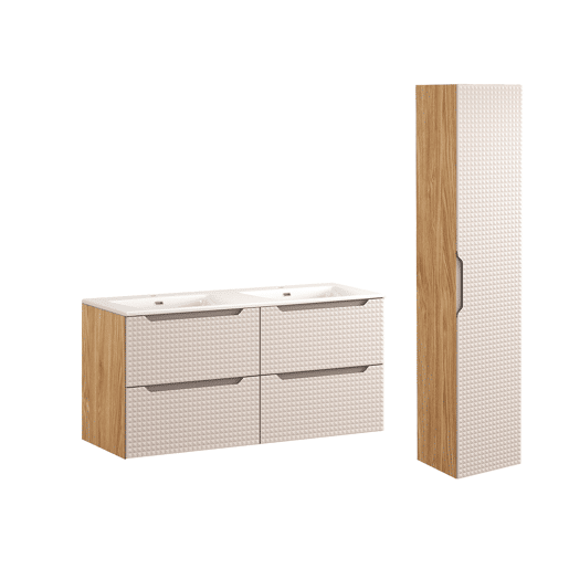 Conjunto móvel lavatório duplo embutido 120 cm e coluna Mallory Bege e madeira