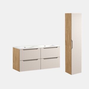 Conjunto móvel lavatório duplo embutido 120 cm e coluna Mallory Bege e madeira