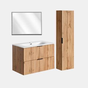 Lavatório individual encastrado 80 cm com espelho LED e coluna Adriel Madeira