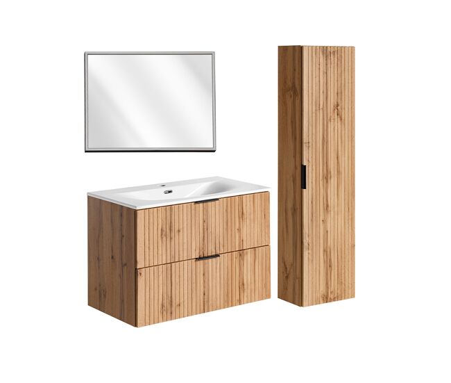 Conjunto de muebles con lavabo individual encastrado 80cm espejo led y columna adriel madera