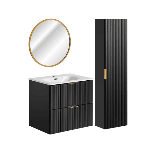 Lavatório individual encastrado 60 cm com espelho LED e coluna Adriel Preto