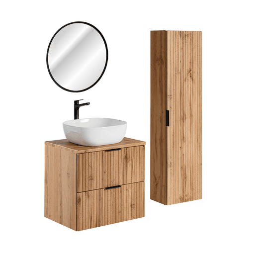 Lavatório individual 60 cm com espelho LED e móvel de apoio em madeira Adriel