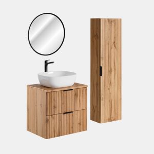 Lavatório individual 60 cm com espelho LED e móvel de apoio em madeira Adriel