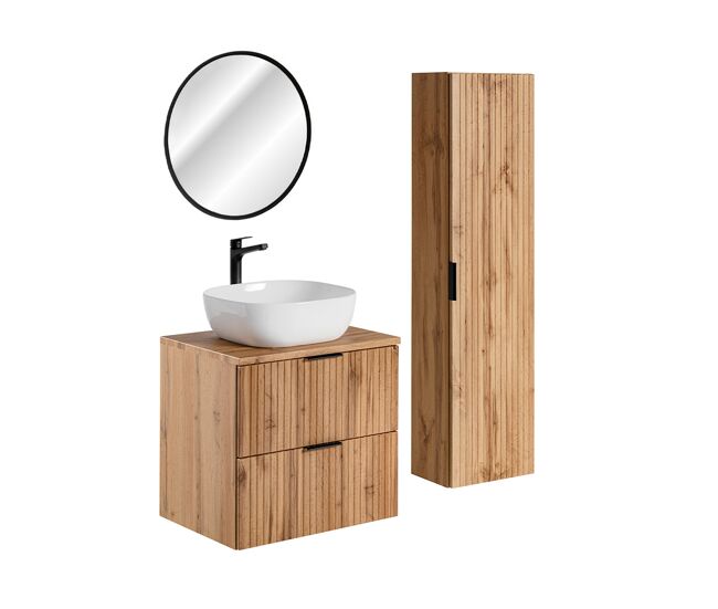 Conjunto de muebles con lavabo individual 60cm espejo led y columna adriel madera