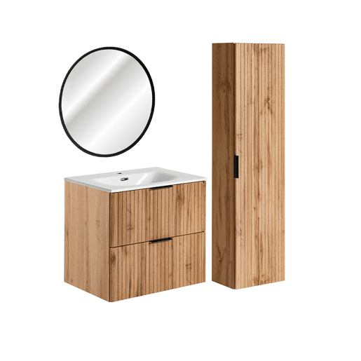 Lavatório individual encastrado 60 cm com espelho LED e coluna Adriel Madeira