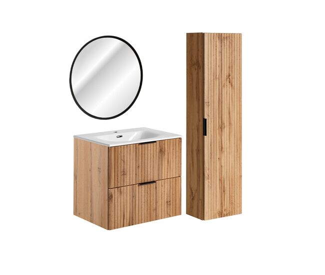Conjunto de muebles con lavabo individual encastrado 60cm espejo led y columna adriel madera
