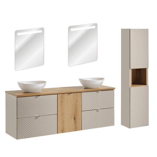 Conjunto móvel duplo lavatório 160cm 4 gavetas cesto de roupa espelhos LED e coluna Manoa Caxemira e madeira