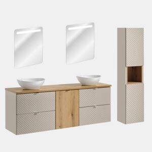 Conjunto móvel duplo lavatório 160cm 4 gavetas cesto de roupa espelhos LED e coluna Manoa Caxemira e madeira