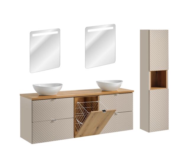 Conjunto de muebles con doble lavabo 160cm cesto de ropa espejos led y columna manoa cachemira y madera