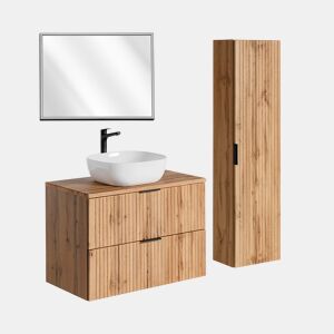Lavatório individual 80 cm com espelho LED e móvel de apoio em madeira Adriel