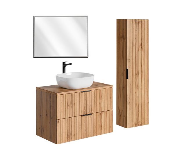Conjunto de muebles con lavabo individual 80cm espejo led y columna adriel madera