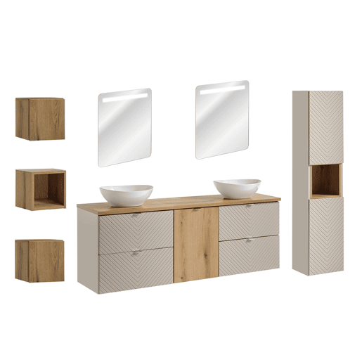 Conjunto móvel duplo lavatório 160cm 4 gavetas espelhos LED coluna e 3 armários murais Manoa Caxemira e madeira