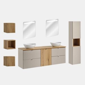 Conjunto móvel duplo lavatório 160cm 4 gavetas espelhos LED coluna e 3 armários murais Manoa Caxemira e madeira