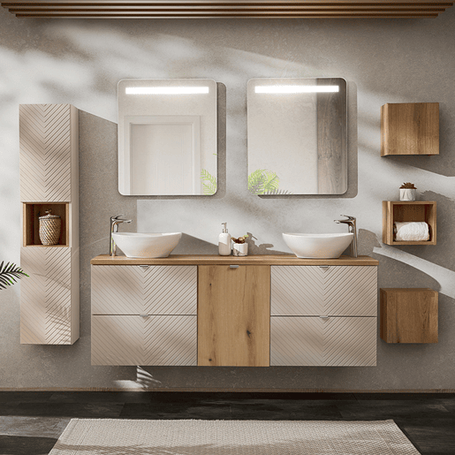 Conjunto móvel duplo lavatório 160cm 4 gavetas espelhos LED coluna e 3 armários murais Manoa Caxemira e madeira