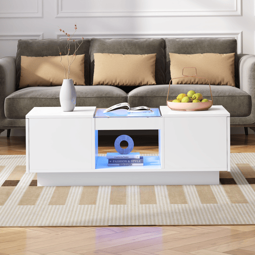 Mesa de centro com LED - 2 gavetas e 1 compartimento aberto - Branco Mesa de centro com LED - 2 gavetas e 1 compartimento aberto - Branco