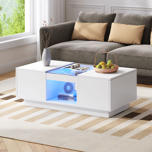 Mesa de centro com LED - 2 gavetas e 1 compartimento aberto - Branco Mesa de centro com LED - 2 gavetas e 1 compartimento aberto - Branco