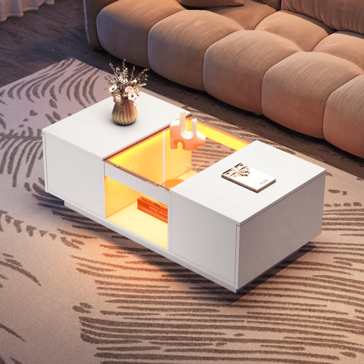 Mesa de centro com LED - 2 gavetas e 1 compartimento aberto - Branco Mesa de centro com LED - 2 gavetas e 1 compartimento aberto - Branco