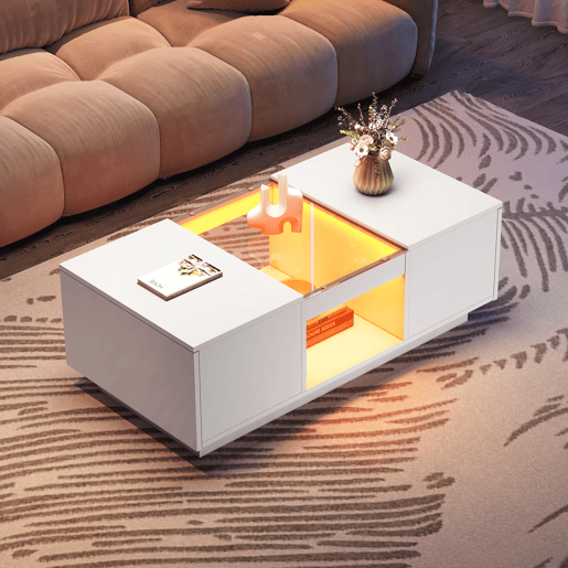 Mesa de centro com LED - 2 gavetas e 1 compartimento aberto - Branco Mesa de centro com LED - 2 gavetas e 1 compartimento aberto - Branco