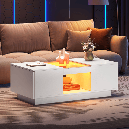Mesa de centro com LED - 2 gavetas e 1 compartimento aberto - Branco Mesa de centro com LED - 2 gavetas e 1 compartimento aberto - Branco