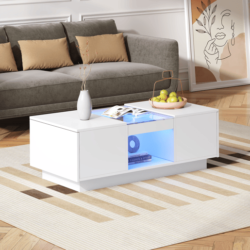 Mesa de centro com LED - 2 gavetas e 1 compartimento aberto - Branco Mesa de centro com LED - 2 gavetas e 1 compartimento aberto - Branco