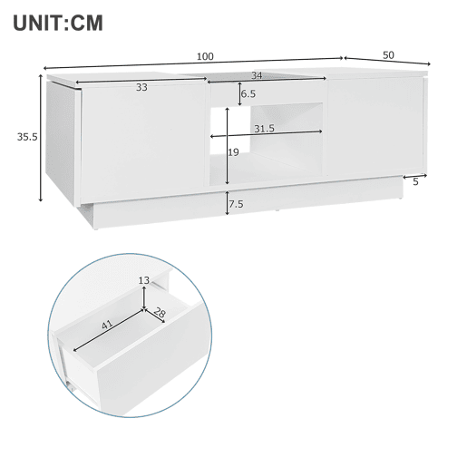 Mesa de centro com LED - 2 gavetas e 1 compartimento aberto - Branco Mesa de centro com LED - 2 gavetas e 1 compartimento aberto - Branco